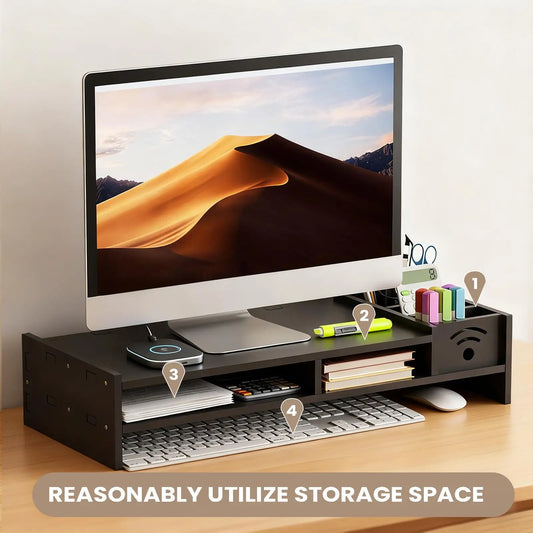 Support d'Écran Focus Stack – Étagère de Bureau à 2 Niveaux avec Rangements pour Clavier