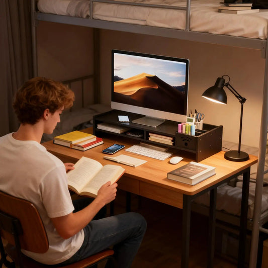 Support d'Écran Focus Stack – Étagère de Bureau à 2 Niveaux avec Rangements pour Clavier