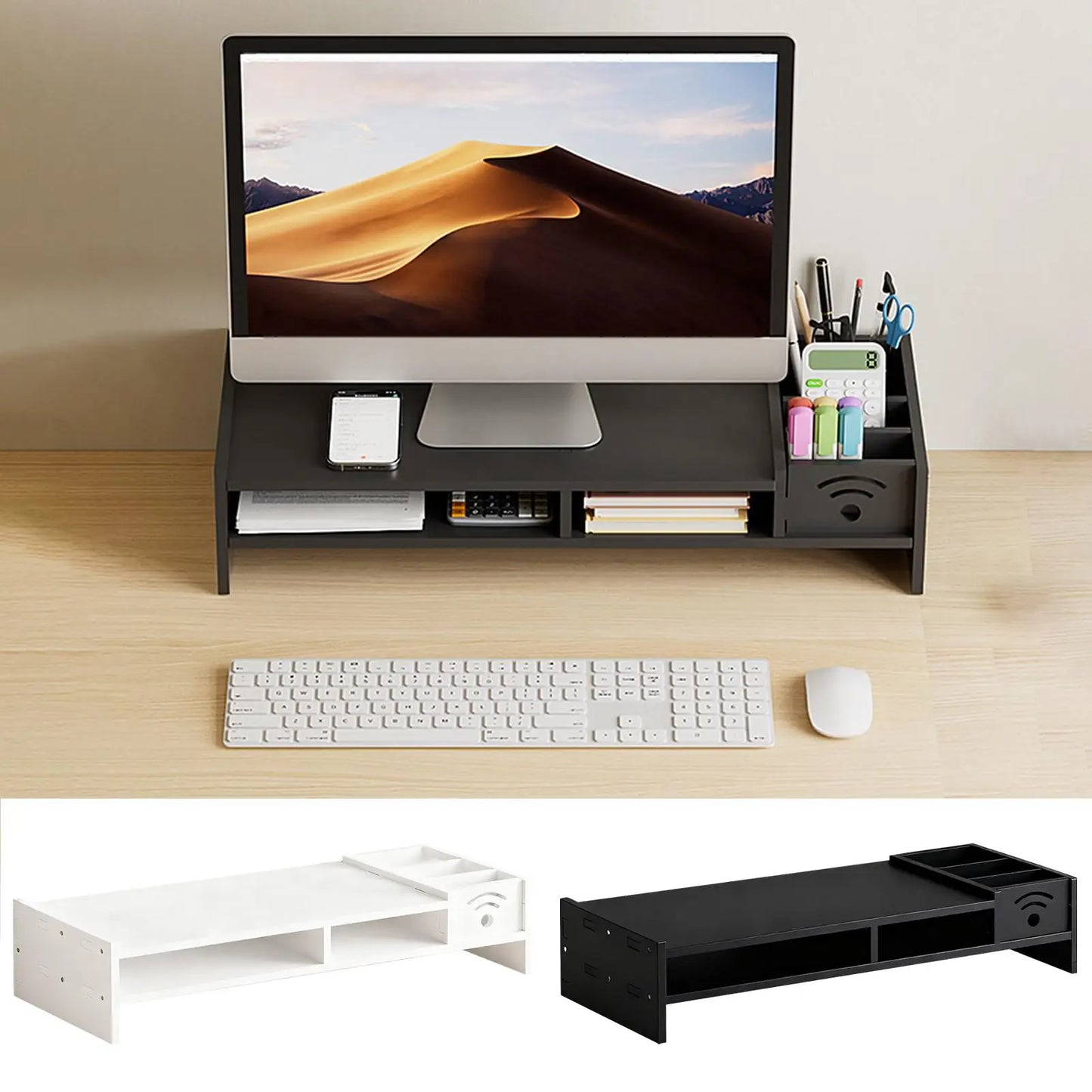 Support d'Écran Focus Stack – Étagère de Bureau à 2 Niveaux avec Rangements pour Clavier