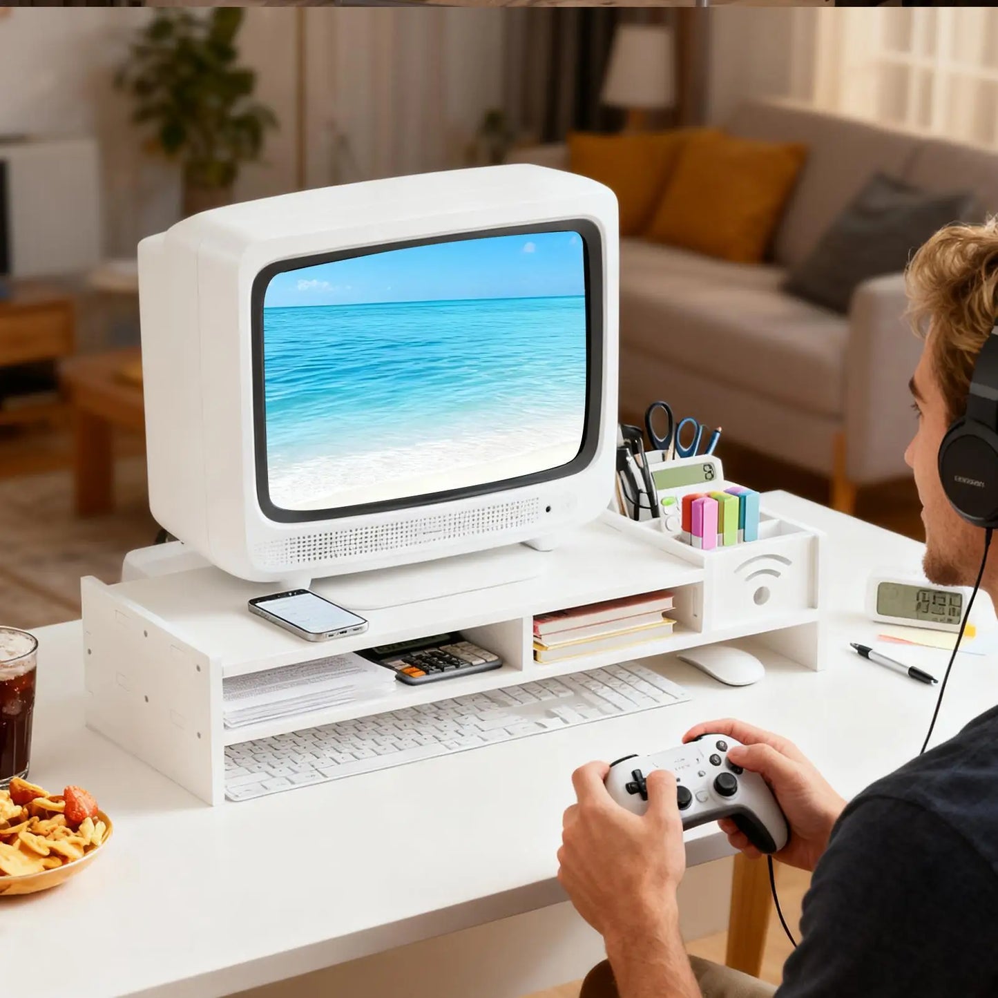Support d'Écran Focus Stack – Étagère de Bureau à 2 Niveaux avec Rangements pour Clavier