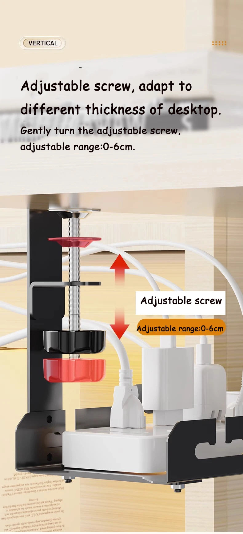 Focus Rail – Support de câbles sous bureau – Panier de serrage télescopique pour multiprises et routeurs