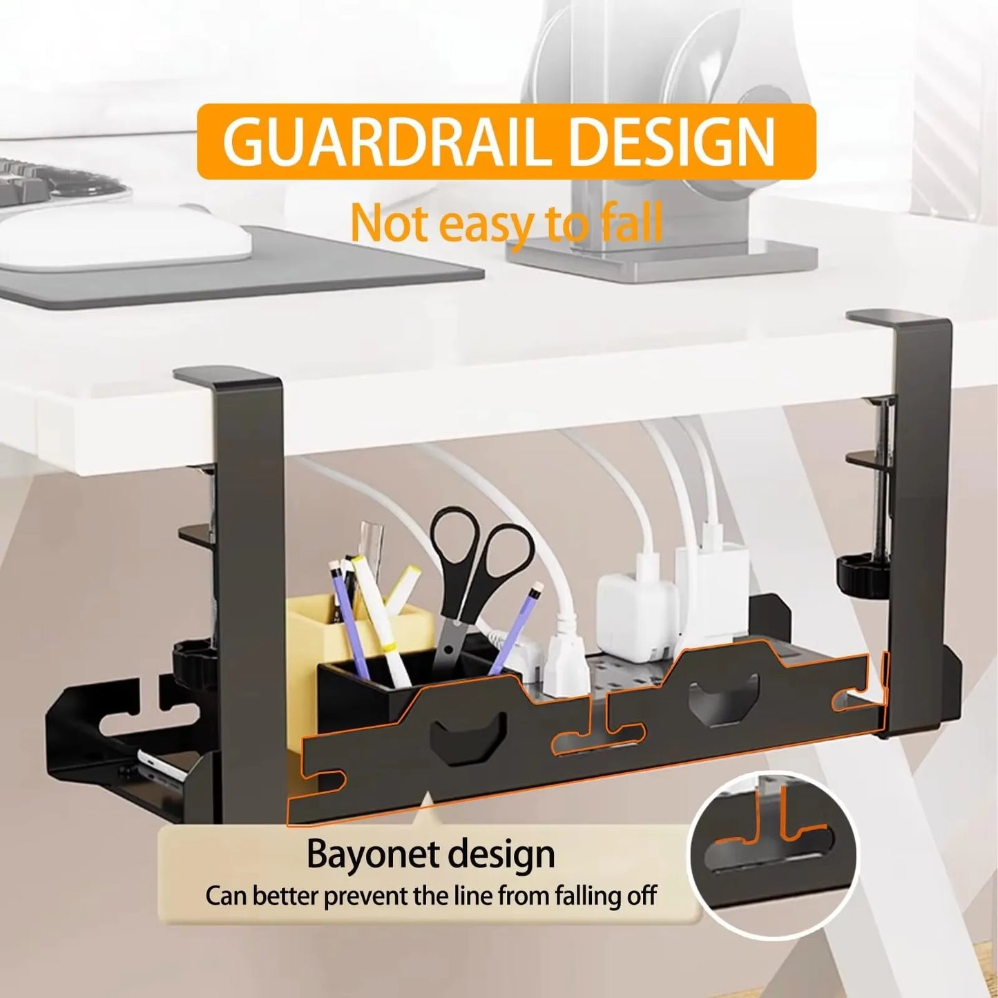 Focus Rail – Support de câbles sous bureau – Panier de serrage télescopique pour multiprises et routeurs