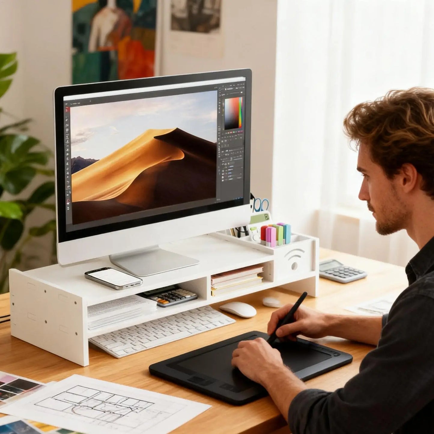 Support d'Écran Focus Stack – Étagère de Bureau à 2 Niveaux avec Rangements pour Clavier