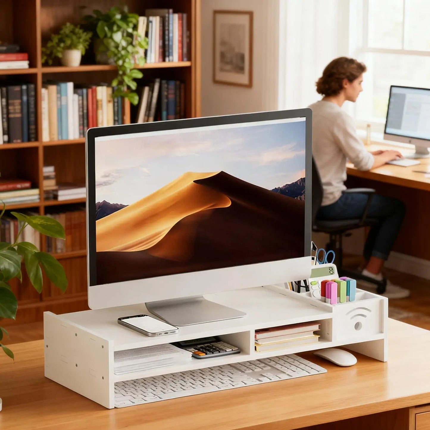 Support d'Écran Focus Stack – Étagère de Bureau à 2 Niveaux avec Rangements pour Clavier