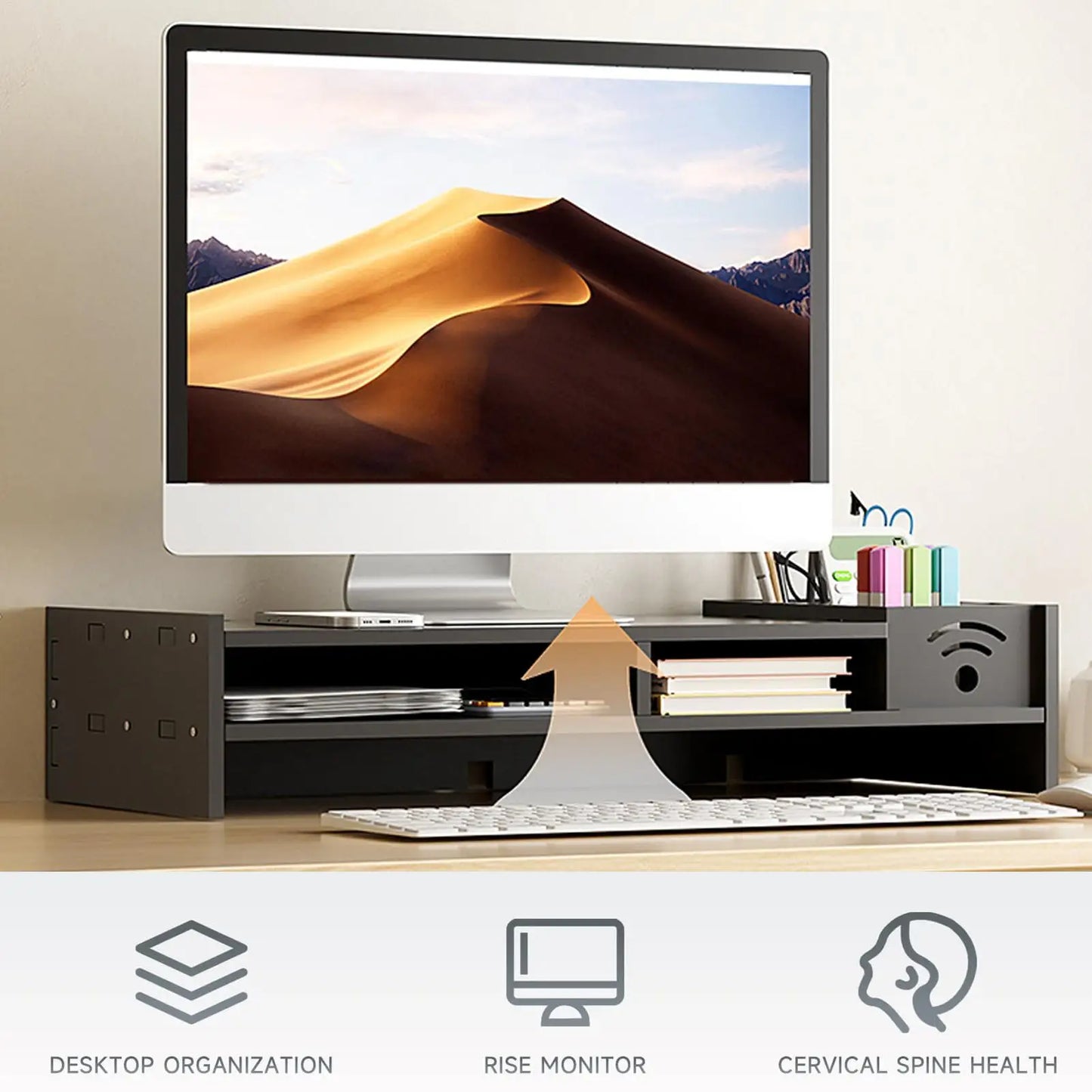 Support d'Écran Focus Stack – Étagère de Bureau à 2 Niveaux avec Rangements pour Clavier