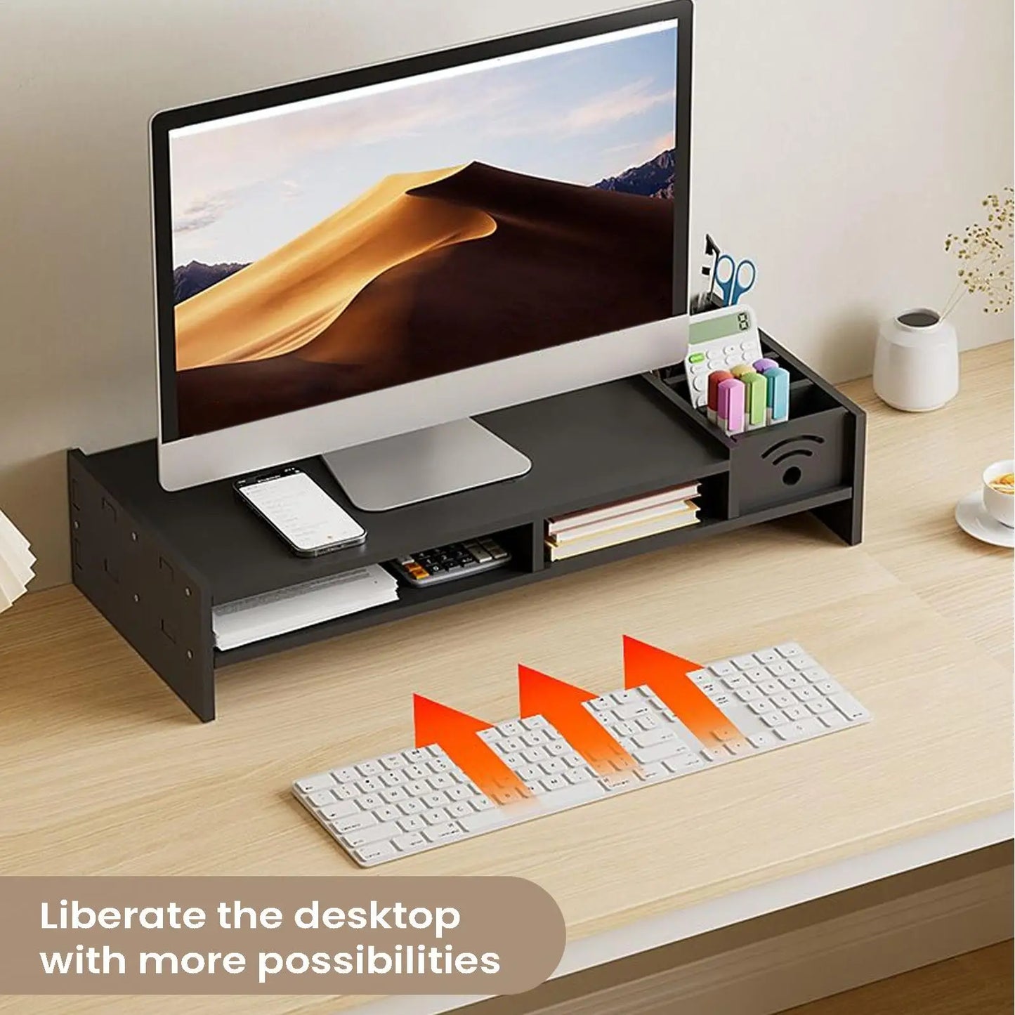 Support d'Écran Focus Stack – Étagère de Bureau à 2 Niveaux avec Rangements pour Clavier