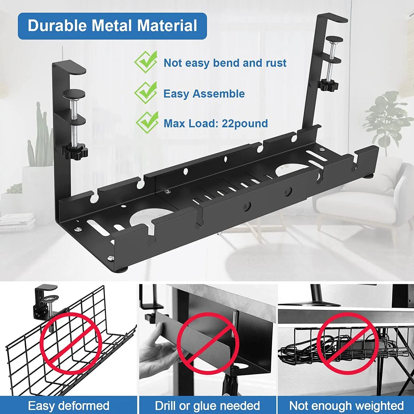 Focus Rail – Support de câbles sous bureau – Panier de serrage télescopique pour multiprises et routeurs