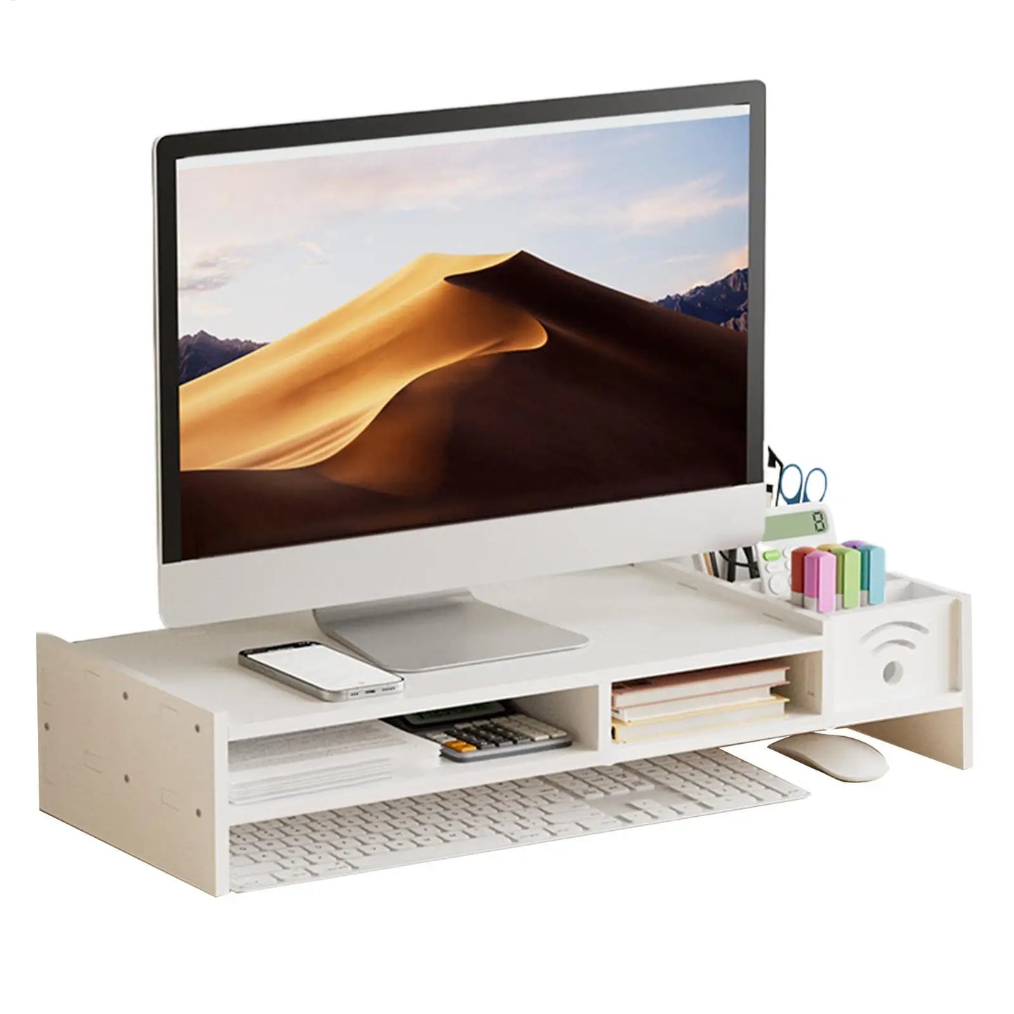 Support d'Écran Focus Stack – Étagère de Bureau à 2 Niveaux avec Rangements pour Clavier