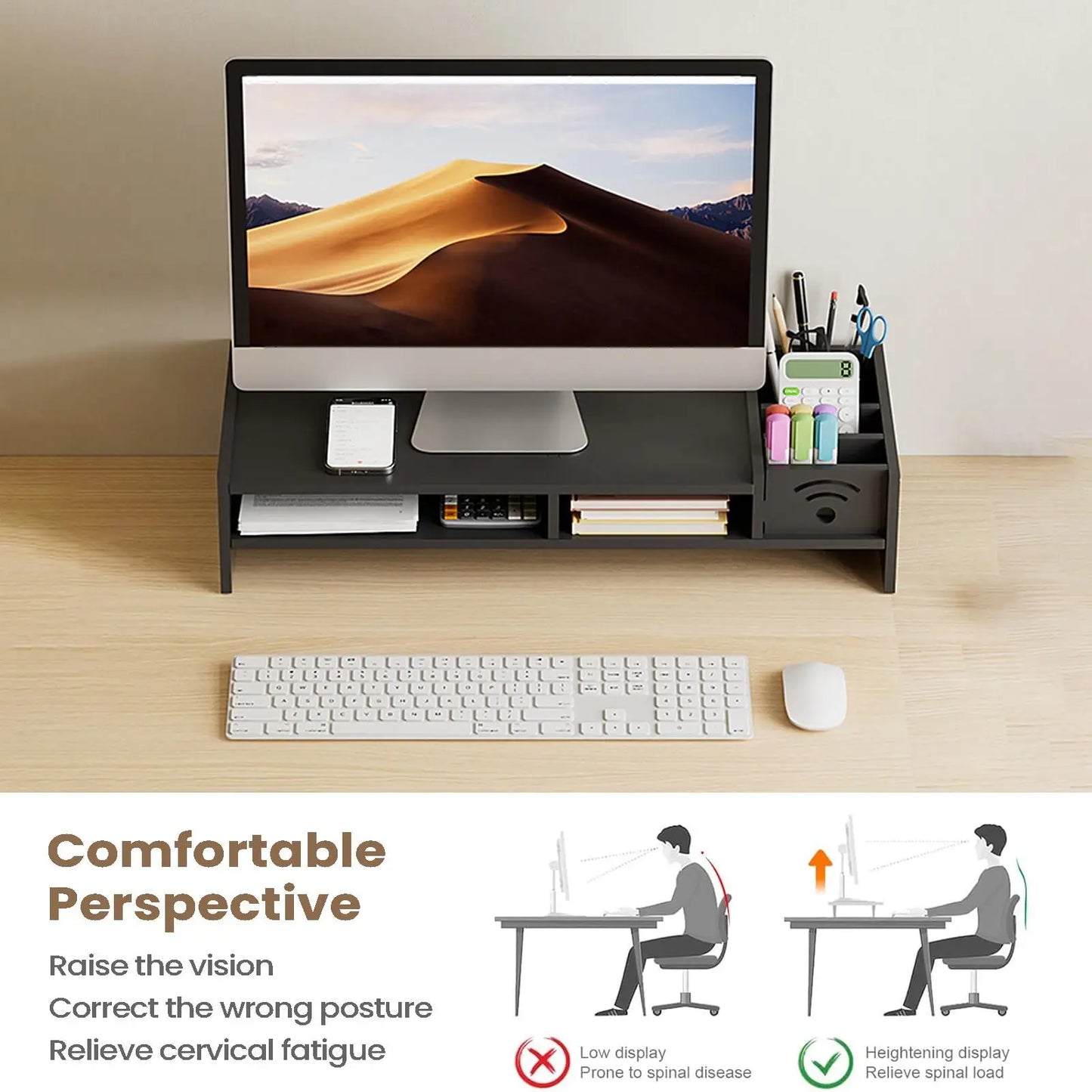 Support d'Écran Focus Stack – Étagère de Bureau à 2 Niveaux avec Rangements pour Clavier