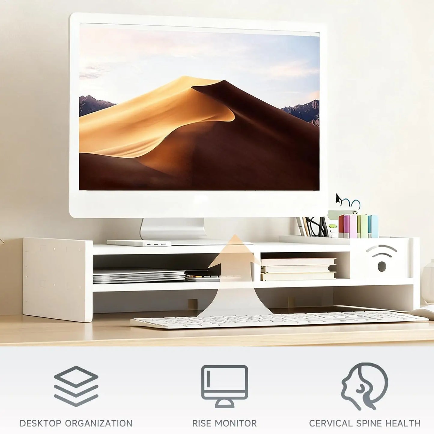 Support d'Écran Focus Stack – Étagère de Bureau à 2 Niveaux avec Rangements pour Clavier