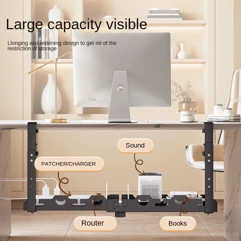Focus Rail – Support de câbles sous bureau – Panier de serrage télescopique pour multiprises et routeurs