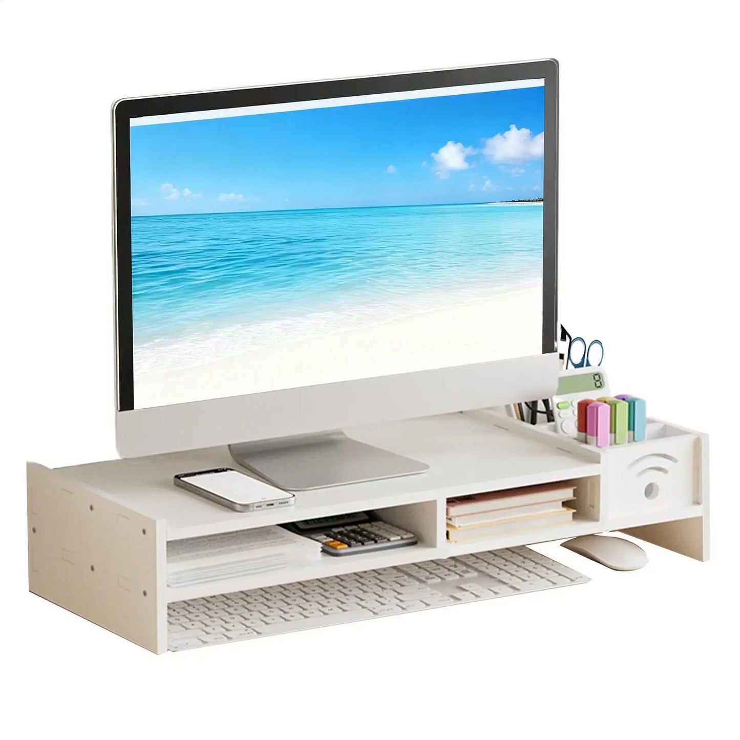 Support d'Écran Focus Stack – Étagère de Bureau à 2 Niveaux avec Rangements pour Clavier