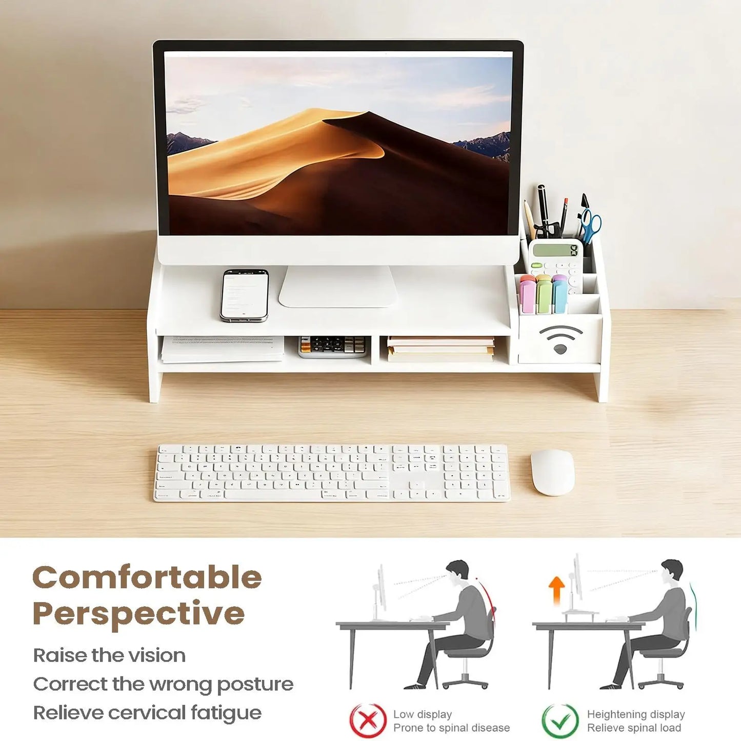 Support d'Écran Focus Stack – Étagère de Bureau à 2 Niveaux avec Rangements pour Clavier