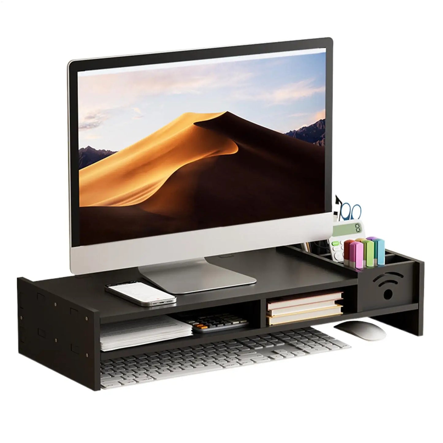 Support d'Écran Focus Stack – Étagère de Bureau à 2 Niveaux avec Rangements pour Clavier