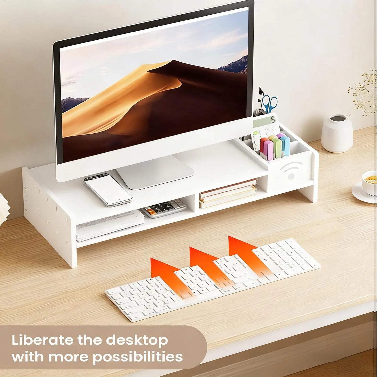Support d'Écran Focus Stack – Étagère de Bureau à 2 Niveaux avec Rangements pour Clavier